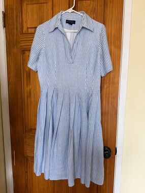 Brook brothers  Blue & White Striped 100% linen Collared Midi Dress